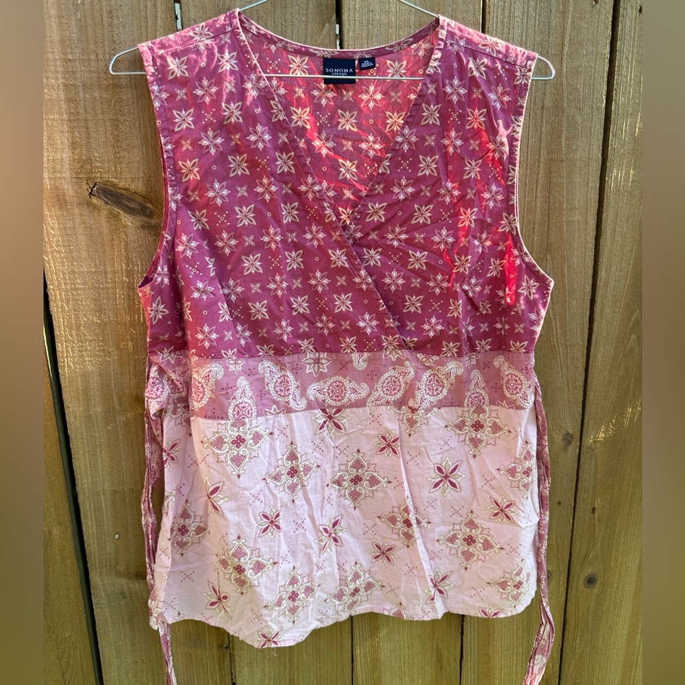 Women’s sleeveless blouse, pink multi pattern, lightweight, bow,100% cotton- XL